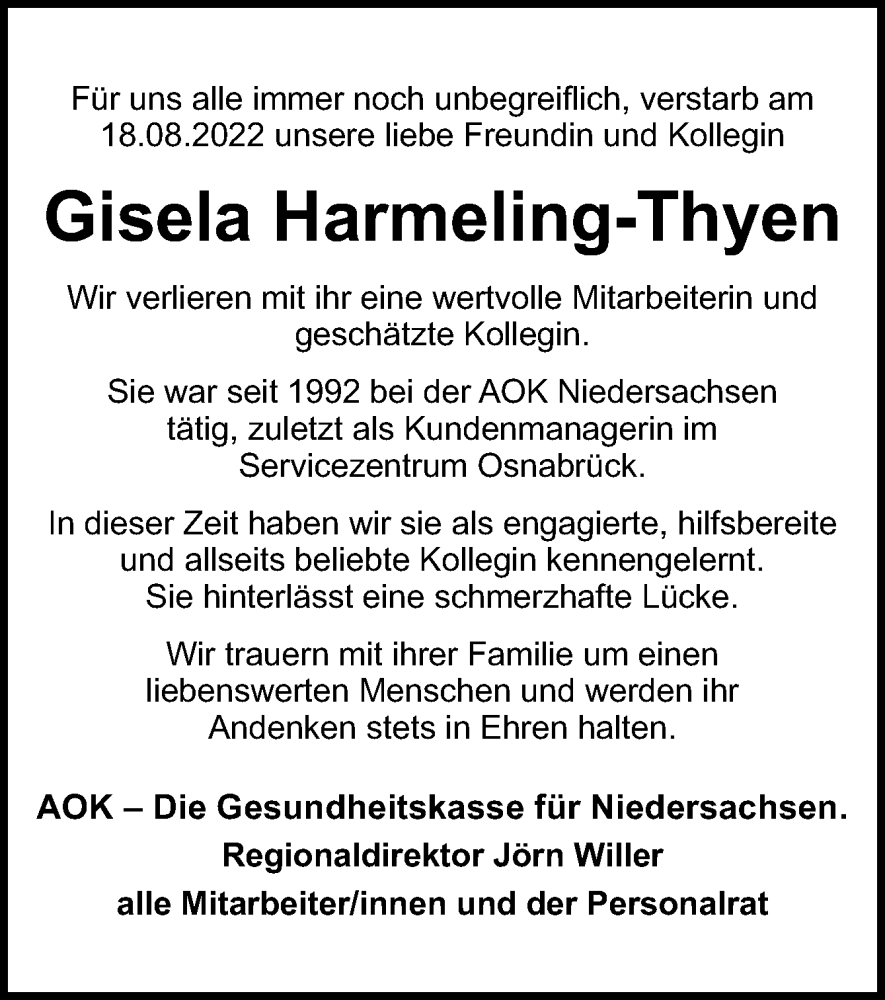  Traueranzeige für Gisela Harmeling-Thyen vom 31.08.2022 aus Neue Osnabrücker Zeitung GmbH & Co. KG