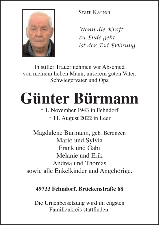 Traueranzeige von Günter Bürmann von Neue Osnabrücker Zeitung GmbH & Co. KG