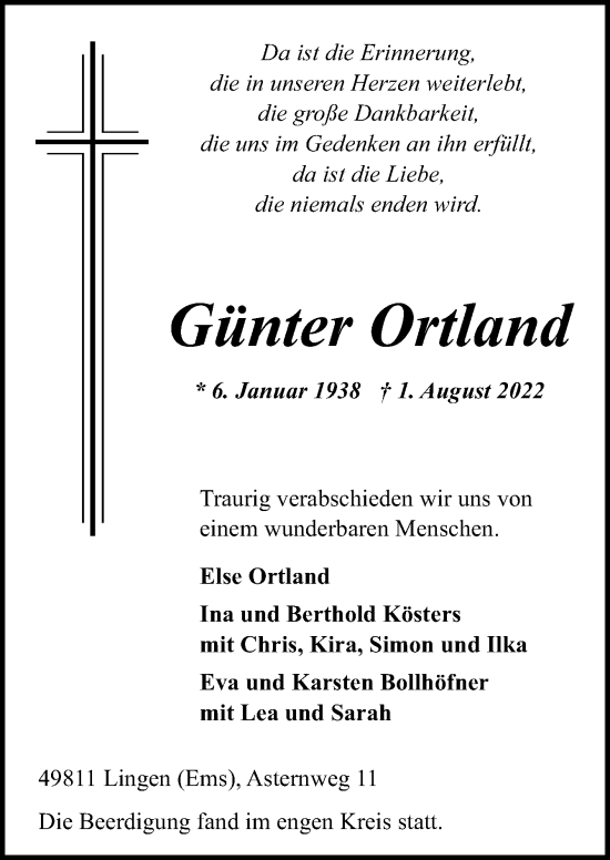 Traueranzeige von Günter Ortland von Neue Osnabrücker Zeitung GmbH & Co. KG