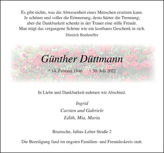 Traueranzeige von Günther Düttmann von Neue Osnabrücker Zeitung GmbH & Co. KG