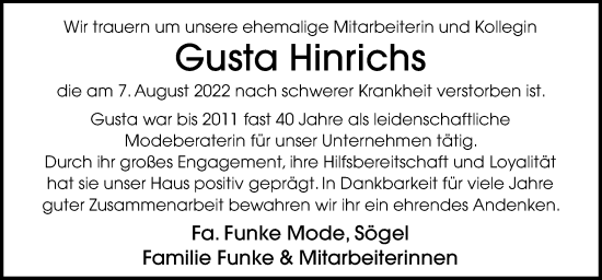 Traueranzeige von Gusta Hinrichs von Neue Osnabrücker Zeitung GmbH & Co. KG
