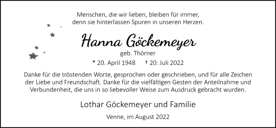 Traueranzeige von Hanna Göckemeyer von Neue Osnabrücker Zeitung GmbH & Co. KG