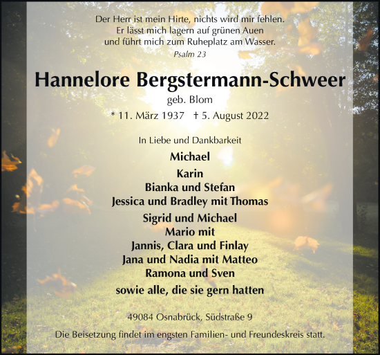Traueranzeige von Hannelore Bergstermann-Schweer von Neue Osnabrücker Zeitung GmbH & Co. KG