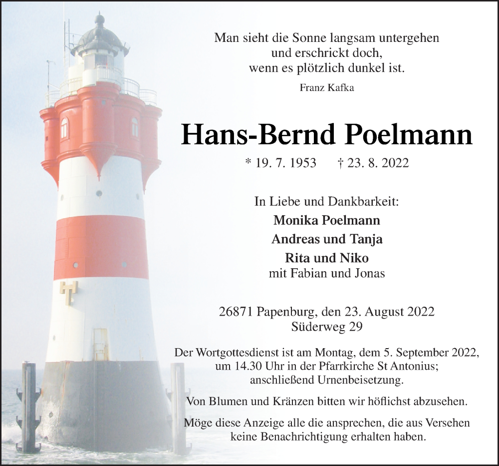  Traueranzeige für Hans-Bernd Poelmann vom 27.08.2022 aus Neue Osnabrücker Zeitung GmbH & Co. KG