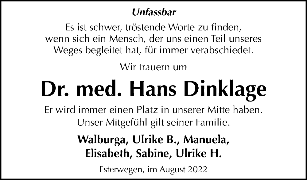  Traueranzeige für Hans Dinklage vom 02.08.2022 aus Neue Osnabrücker Zeitung GmbH & Co. KG