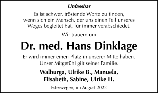 Traueranzeige von Hans Dinklage von Neue Osnabrücker Zeitung GmbH & Co. KG
