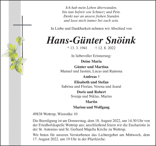 Traueranzeige von Hans-Günter Snöink von Neue Osnabrücker Zeitung GmbH & Co. KG