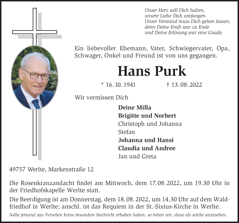  Traueranzeige für Hans Purk vom 16.08.2022 aus Neue Osnabrücker Zeitung GmbH & Co. KG