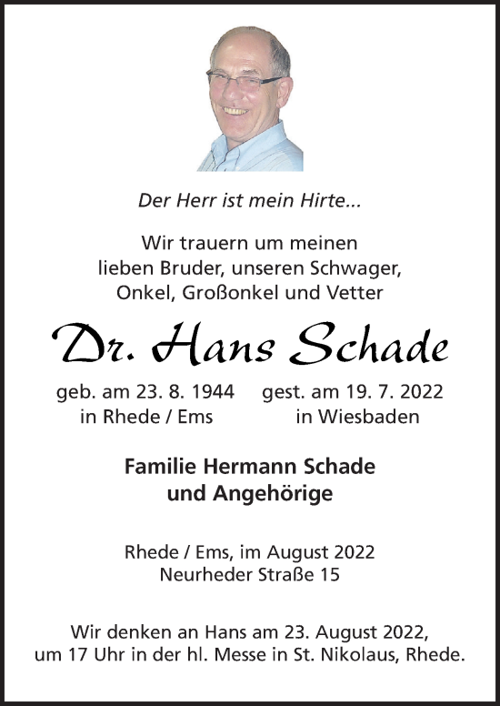 Traueranzeige von Hans Schade von Neue Osnabrücker Zeitung GmbH & Co. KG