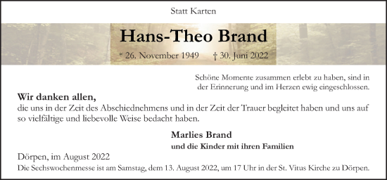 Traueranzeige von Hans-Theo Brand von Neue Osnabrücker Zeitung GmbH & Co. KG