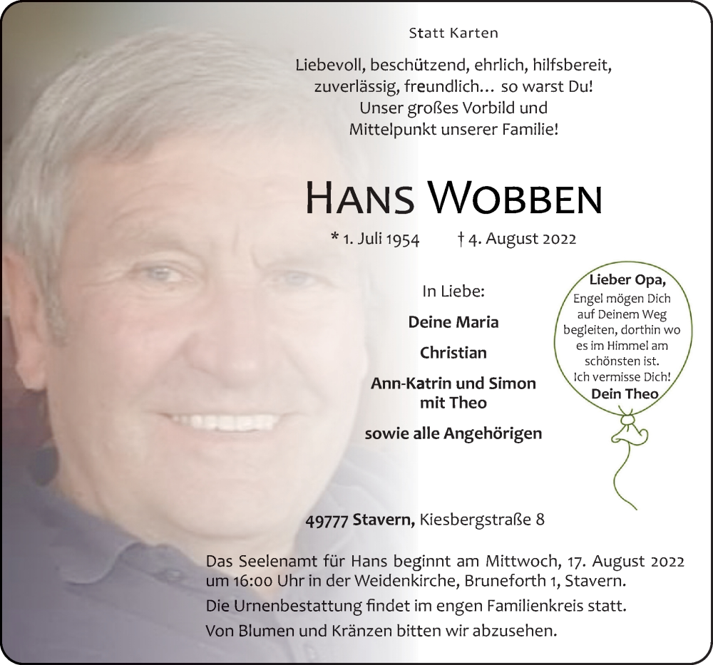  Traueranzeige für Hans Wobben vom 11.08.2022 aus Neue Osnabrücker Zeitung GmbH & Co. KG