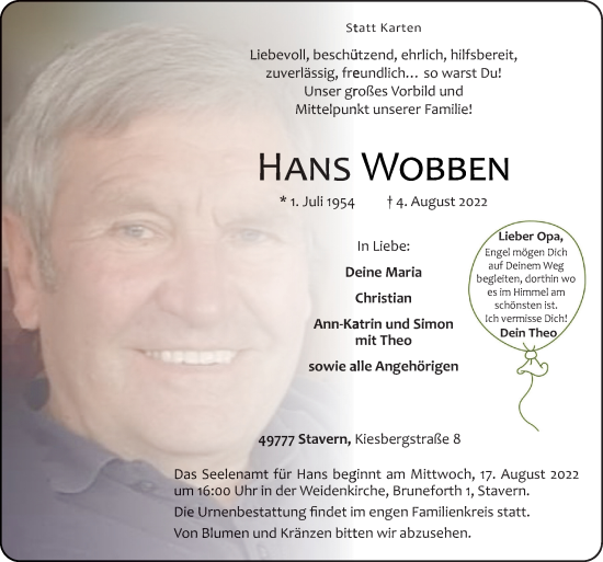 Traueranzeige von Hans Wobben von Neue Osnabrücker Zeitung GmbH & Co. KG