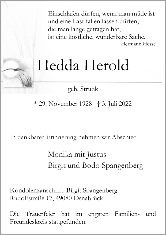  Traueranzeige für Hedda Herold vom 06.08.2022 aus Neue Osnabrücker Zeitung GmbH & Co. KG