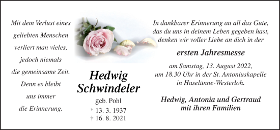 Traueranzeige von Hedwig Schwindeler von Neue Osnabrücker Zeitung GmbH & Co. KG