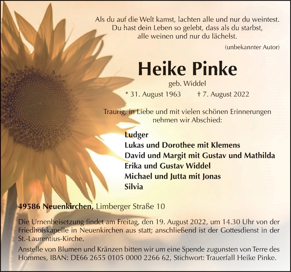  Traueranzeige für Heike Pinke vom 10.08.2022 aus Neue Osnabrücker Zeitung GmbH & Co. KG