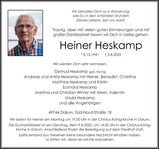 Traueranzeige von Heiner Heskamp von Neue Osnabrücker Zeitung GmbH & Co. KG