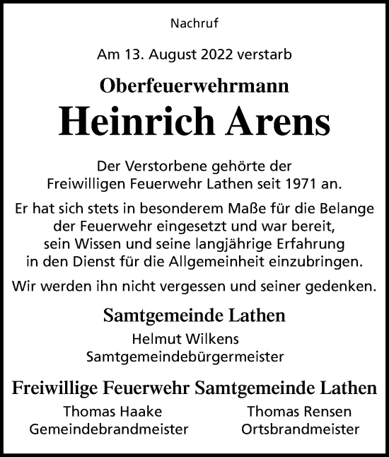 Traueranzeige von Heinrich Arens von Neue Osnabrücker Zeitung GmbH & Co. KG