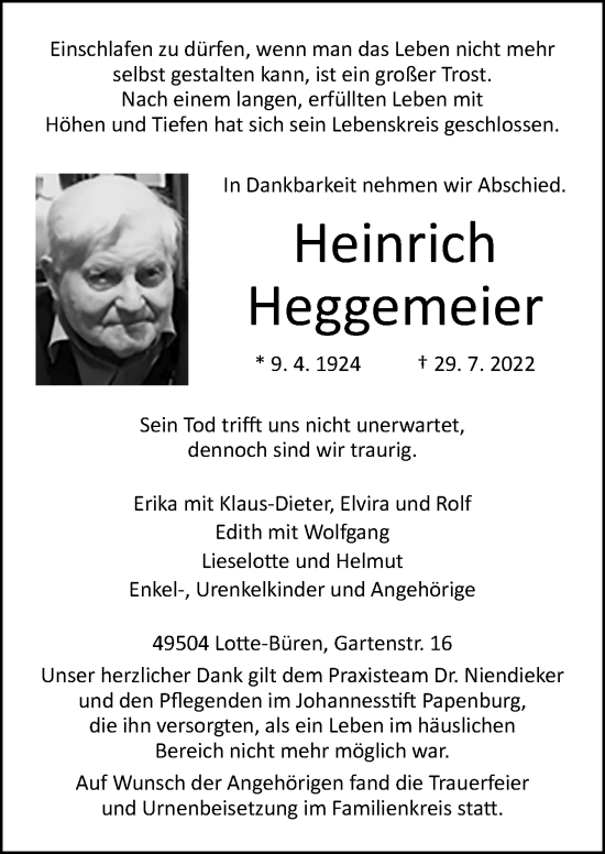 Traueranzeige von Heinrich Heggemeier von Neue Osnabrücker Zeitung GmbH & Co. KG