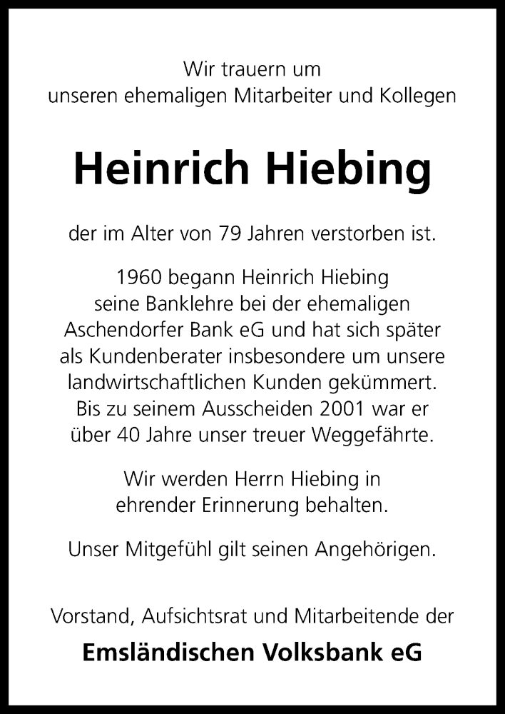  Traueranzeige für Heinrich Hiebing vom 13.08.2022 aus Neue Osnabrücker Zeitung GmbH & Co. KG