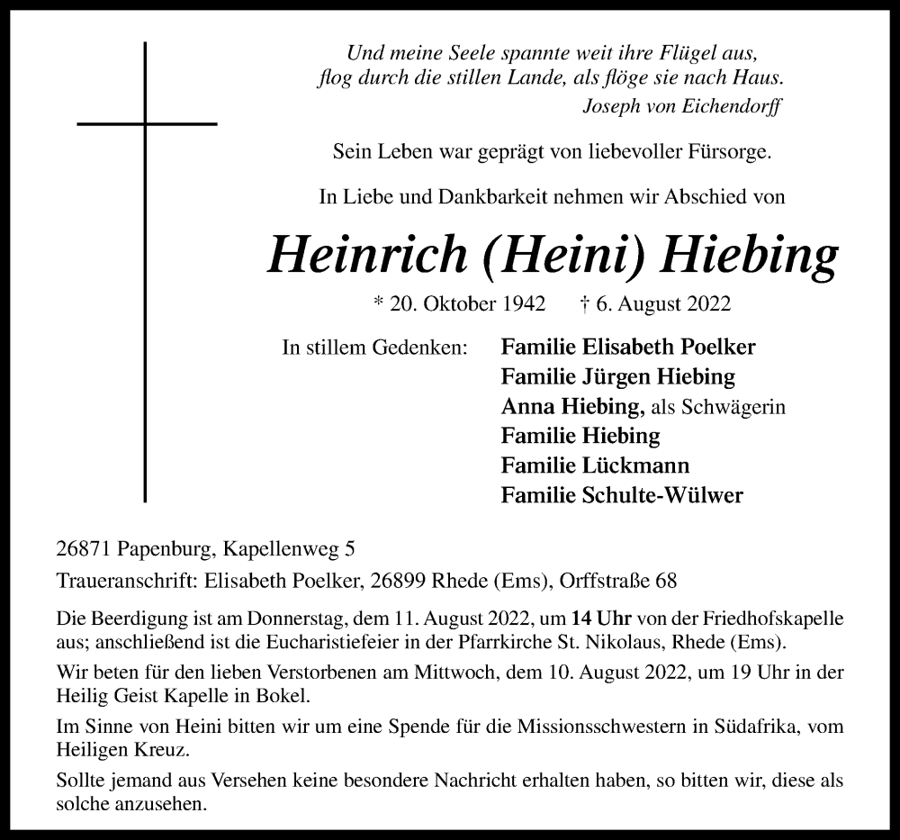  Traueranzeige für Heinrich Hiebing vom 09.08.2022 aus Neue Osnabrücker Zeitung GmbH & Co. KG