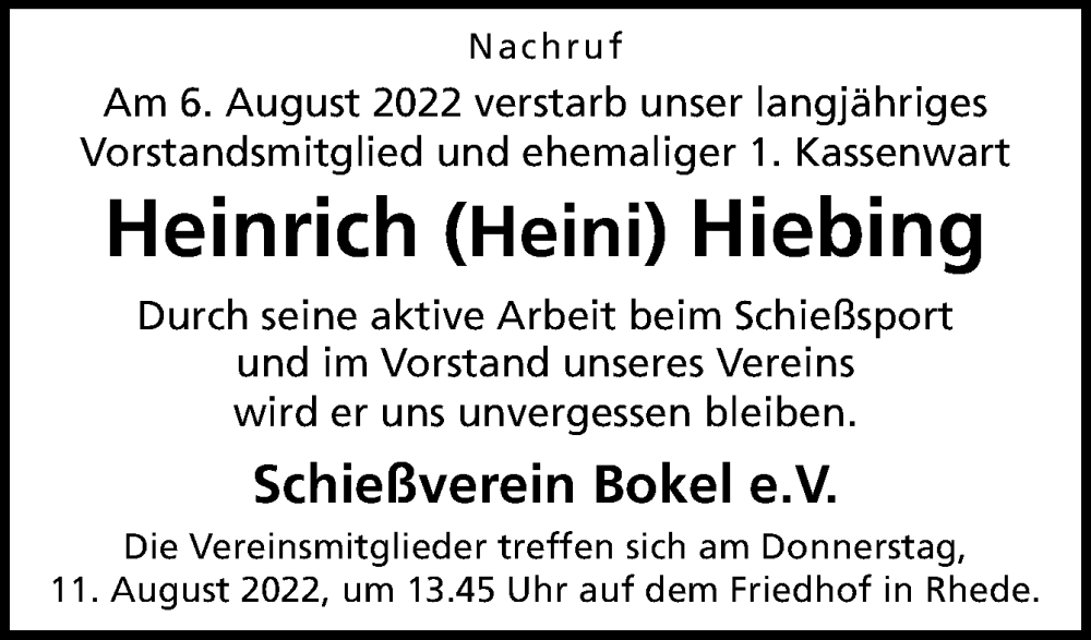  Traueranzeige für Heinrich Hiebing vom 11.08.2022 aus Neue Osnabrücker Zeitung GmbH & Co. KG