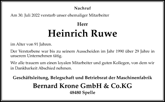 Traueranzeige von Heinrich Ruwe von Neue Osnabrücker Zeitung GmbH & Co. KG