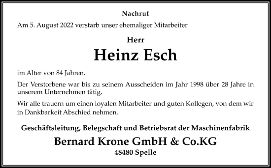 Traueranzeige von Heinz Esch von Neue Osnabrücker Zeitung GmbH & Co. KG