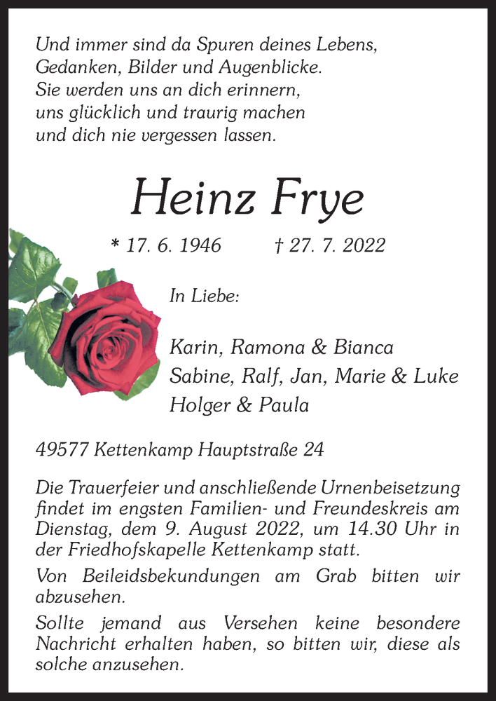  Traueranzeige für Heinz Frye vom 03.08.2022 aus Neue Osnabrücker Zeitung GmbH & Co. KG