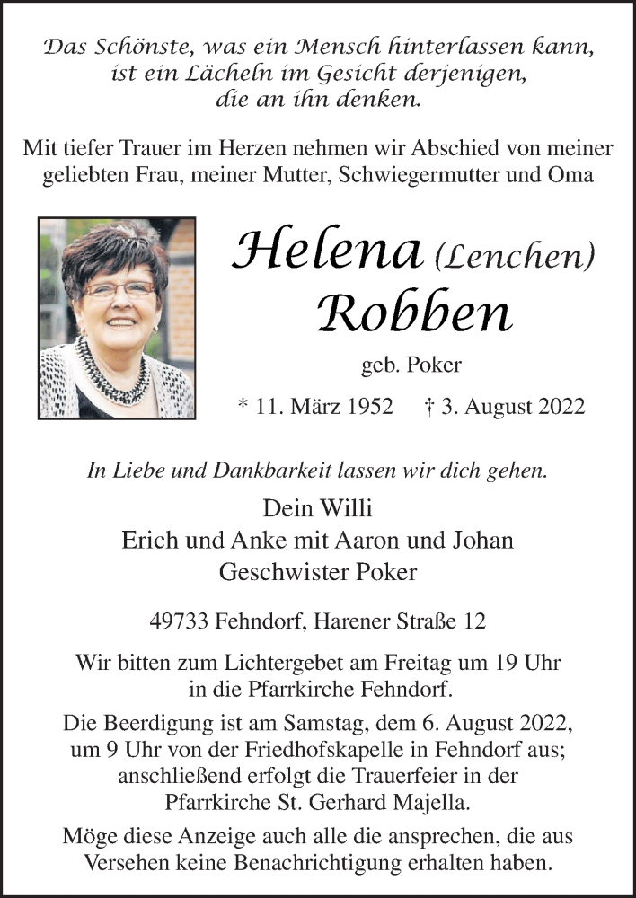  Traueranzeige für Helena Robben vom 05.08.2022 aus Neue Osnabrücker Zeitung GmbH & Co. KG