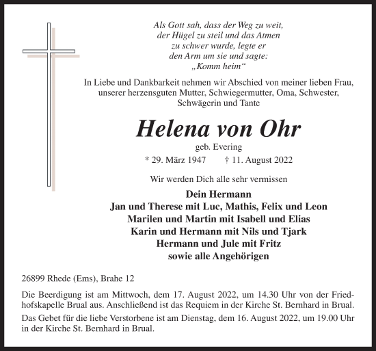 Traueranzeige von Helena von Ohr von Neue Osnabrücker Zeitung GmbH & Co. KG