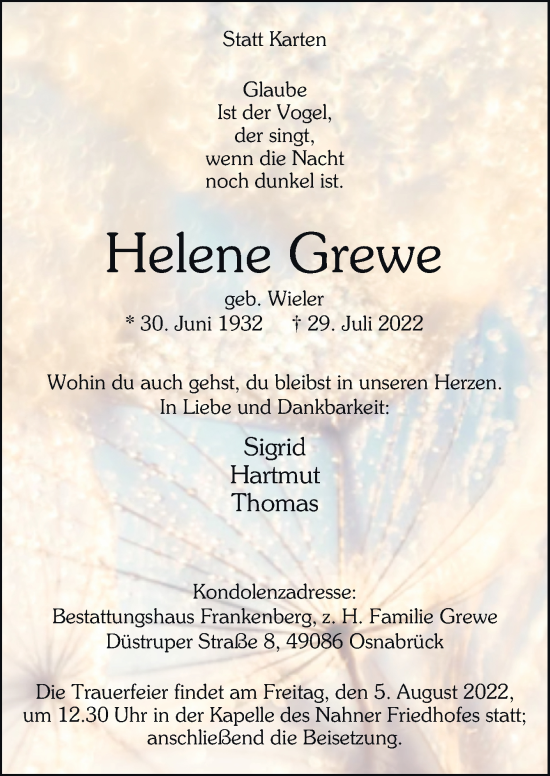 Traueranzeige von Helene Grewe von Neue Osnabrücker Zeitung GmbH & Co. KG