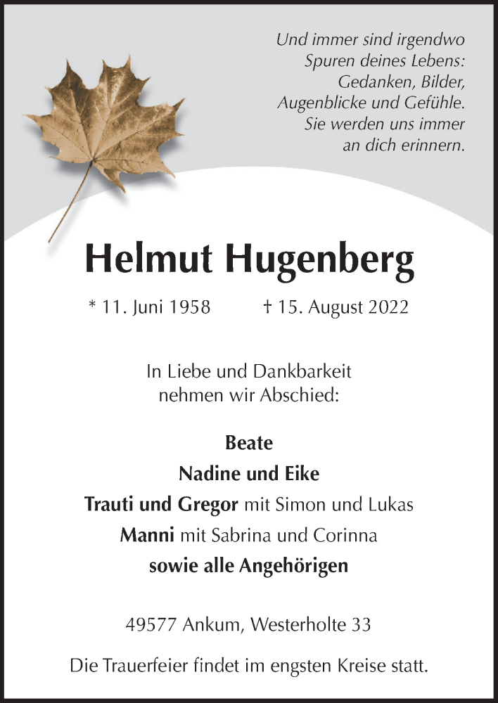  Traueranzeige für Helmut Hugenberg vom 20.08.2022 aus Neue Osnabrücker Zeitung GmbH & Co. KG