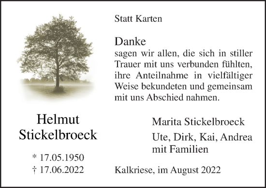 Traueranzeige von Helmut Stickelbroeck von Neue Osnabrücker Zeitung GmbH & Co. KG