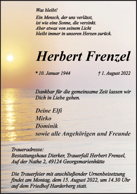 Traueranzeige von Herbert Frenzel von Neue Osnabrücker Zeitung GmbH & Co. KG