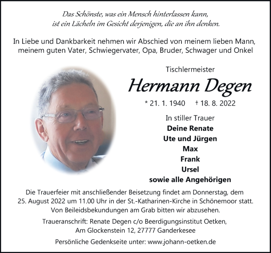 Traueranzeige von Hermann Degen von DK Medien GmbH & Co. KG