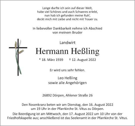 Traueranzeige von Hermann Heßling von Neue Osnabrücker Zeitung GmbH &amp; Co. KG