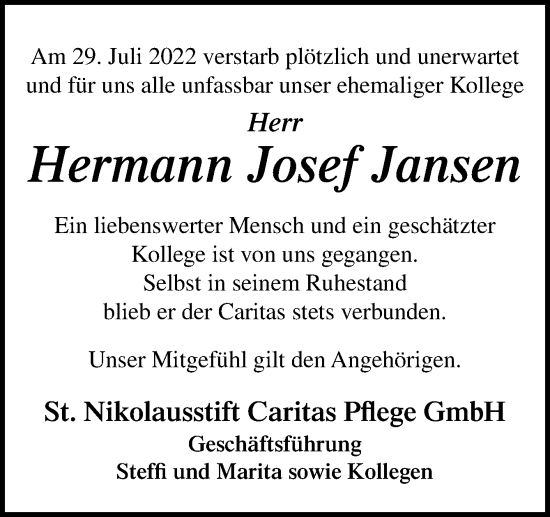 Traueranzeige von Hermann-Josef Jansen von Neue Osnabrücker Zeitung GmbH & Co. KG