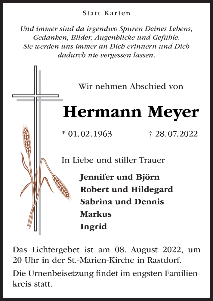  Traueranzeige für Hermann Meyer vom 06.08.2022 aus Neue Osnabrücker Zeitung GmbH & Co. KG