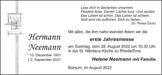 Traueranzeige von Hermann Neemann von Neue Osnabrücker Zeitung GmbH & Co. KG