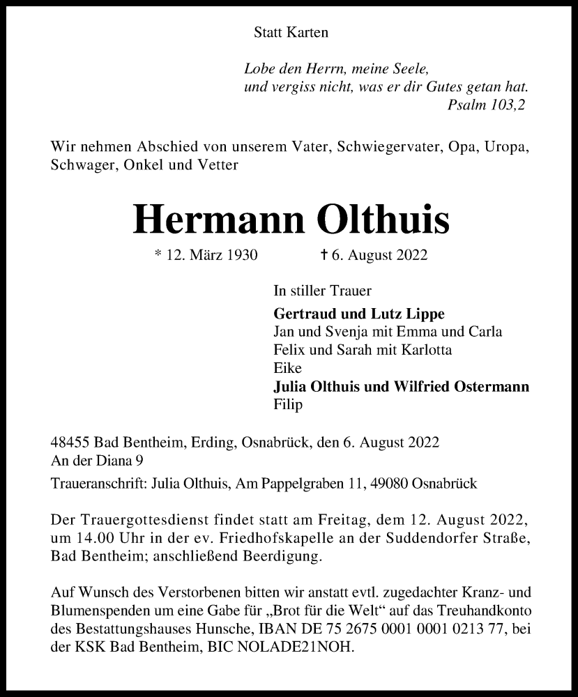  Traueranzeige für Hermann Olthuis vom 10.08.2022 aus Neue Osnabrücker Zeitung GmbH & Co. KG