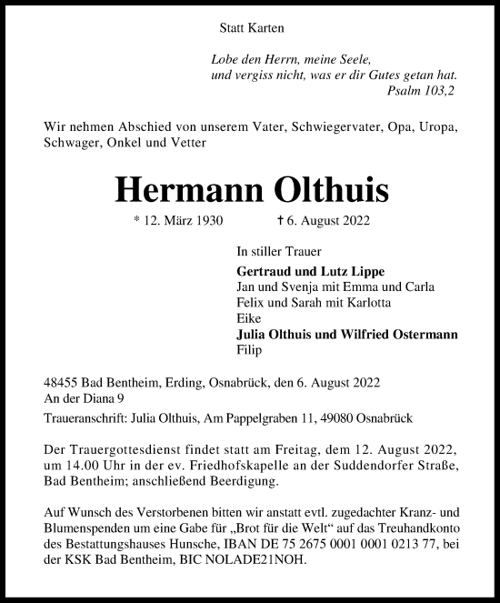 Traueranzeige von Hermann Olthuis von Neue Osnabrücker Zeitung GmbH & Co. KG