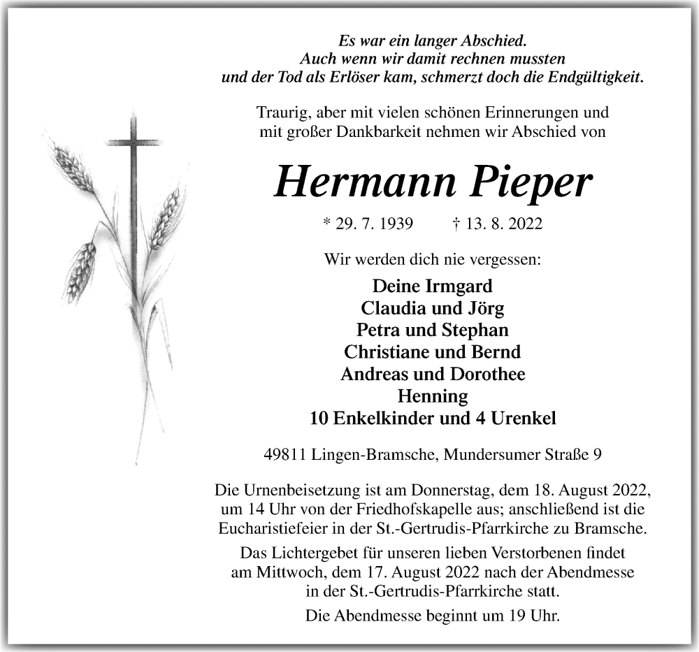  Traueranzeige für Hermann Pieper vom 15.08.2022 aus Neue Osnabrücker Zeitung GmbH & Co. KG