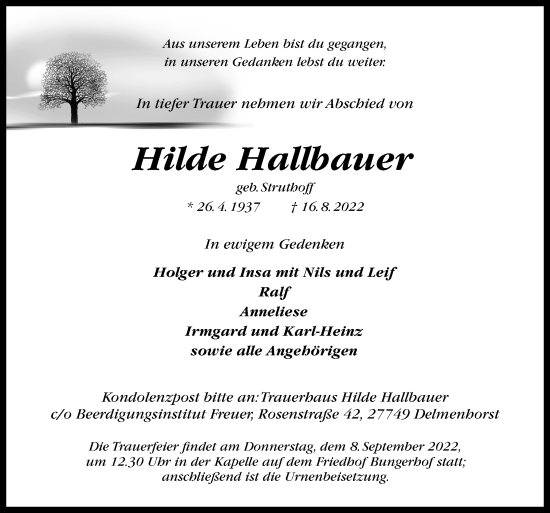 Traueranzeige von Hilde Hallbauer von DK Medien GmbH & Co. KG