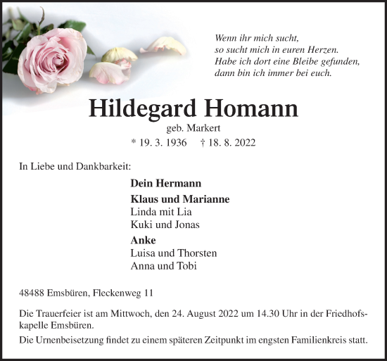 Traueranzeige von Hildegard Homann von Neue Osnabrücker Zeitung GmbH & Co. KG