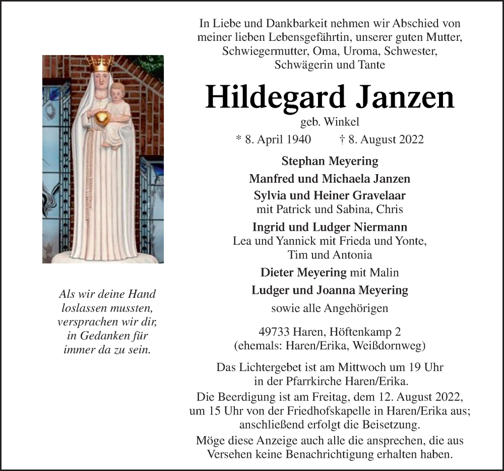 Traueranzeige für Hildegard Janzen vom 10.08.2022 aus Neue Osnabrücker Zeitung GmbH & Co. KG