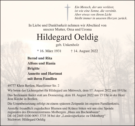 Traueranzeige von Hildegard Oeldig von Neue Osnabrücker Zeitung GmbH & Co. KG