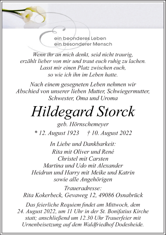 Traueranzeige von Hildegard Storck von Neue Osnabrücker Zeitung GmbH & Co. KG