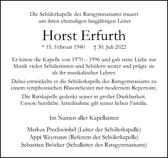 Traueranzeige von Horst Erfurth von Neue Osnabrücker Zeitung GmbH & Co. KG