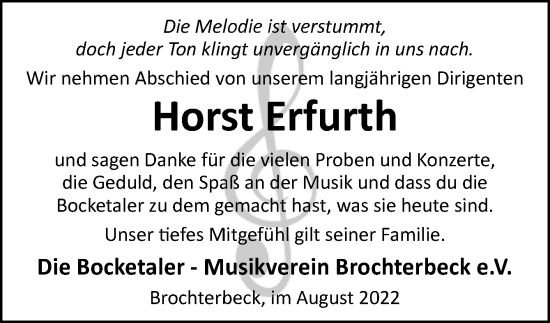 Traueranzeige von Horst Erfurth von Neue Osnabrücker Zeitung GmbH & Co. KG