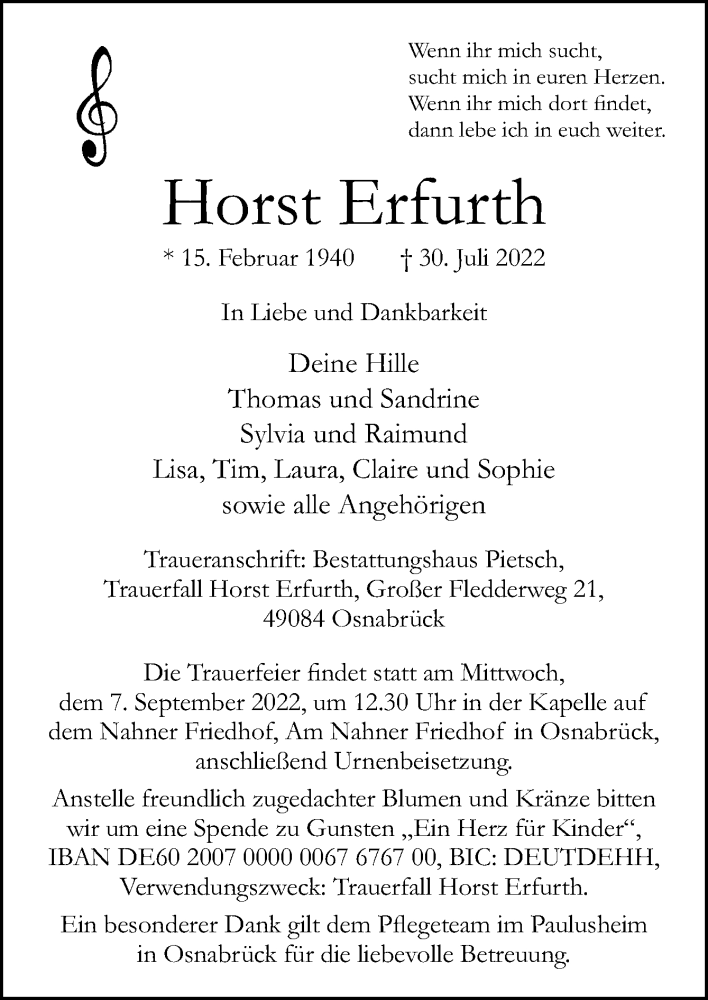  Traueranzeige für Horst Erfurth vom 06.08.2022 aus Neue Osnabrücker Zeitung GmbH & Co. KG